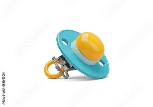 Turquoise baby pacifier with yellow nipple and ring isolated on white background