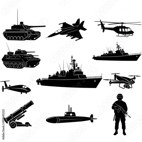 Collection of various military vehicles and equipment in black silhouette
