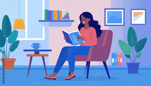 Person reading a book in an indoor scene, with plants, books, and minimal decor in soft, flat colors