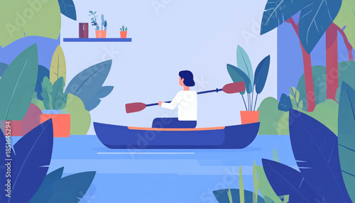 Person rows a canoe on water amidst plants and trees, serene and peaceful, under a pale blue sky