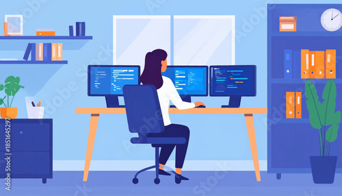 Person sits at a desk with three computer monitors in a simplified, cartoon-like office setting illustration