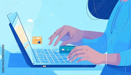 Person typing on a laptop with credit cards illustrated in a vibrant, simple blue background