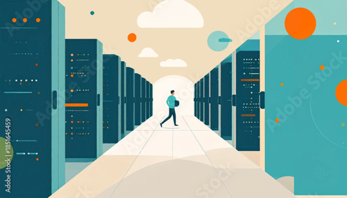 Person walking in a server room with data racks, simplified, illustration style, with dot accents in the sky