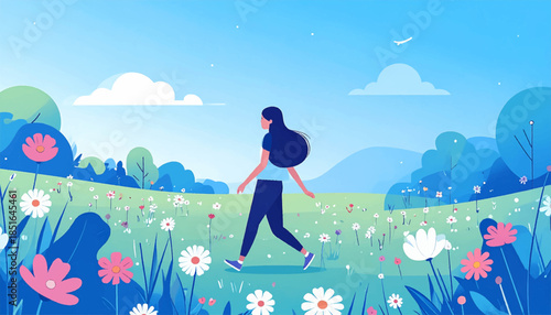 Person walking in a floral meadow under a sunny blue sky with trees and mountains in the distance
