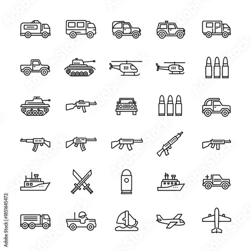 Collection of various military vehicles and weapons icons in line style