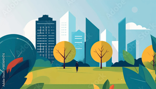 Person walks in a flat style park with trees and city buildings in the background on a sunny day