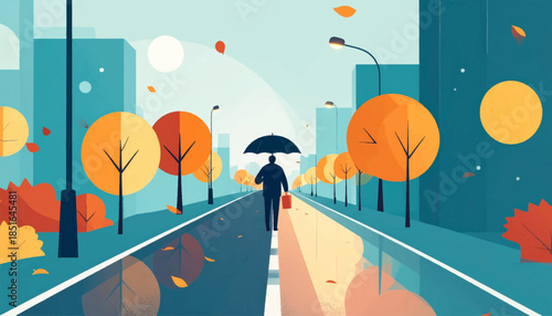 Person walks with umbrella and bag down rainy city street in autumn