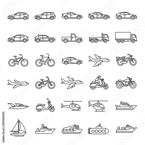 Collection of various vehicles icons including cars trucks airplanes and boats
