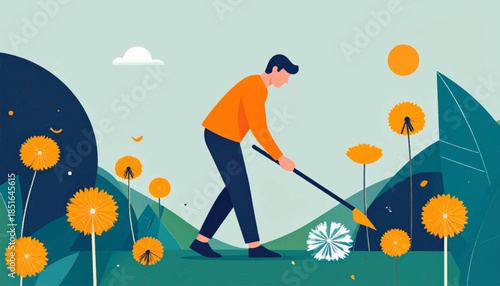 Person with gardening tool tending a field of stylized flowers under a simple sky and sun