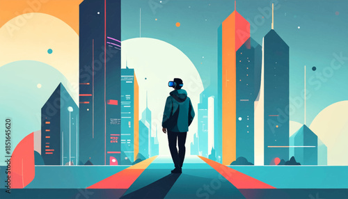 Person with VR headset walks in futuristic city, rendered with bold colors and simplified geometric shapes