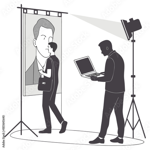 Man with laptop photographing another man in front of a large portrait.