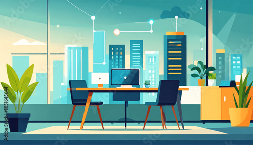 Interior workspace with a desk, two chairs, and cityscape view, rendered in a flat, modern style