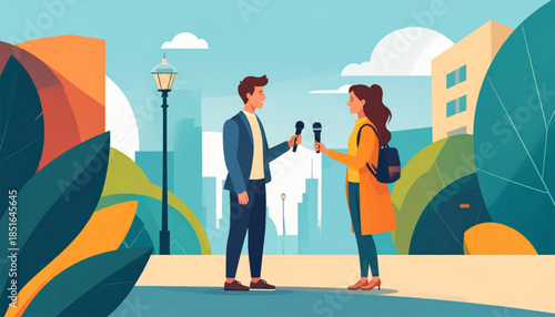 Interview in a park with modern, geometric styling and bright colors