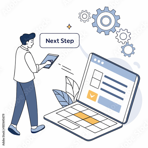 Man with tablet interacting with laptop and gears representing next step in business or technology.