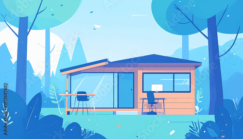 Isolated house in a forest landscape with a desk, chair and computer, on a bright day