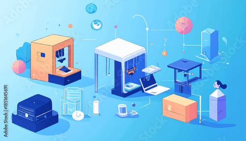 Isometric illustration shows manufacturing 3D printers, boxes, laptop, with a person, against a blue background