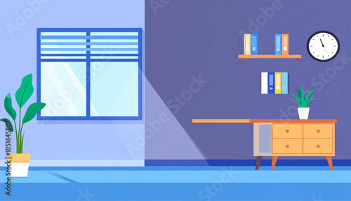 Illustration of a study room with desk, shelves, window, plant and clock, cool tones, simple