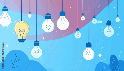 Hanging lightbulbs illuminate over abstract foliage on blue and lavender backgrounds