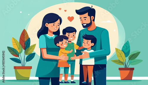 Happy stylized family of four, standing indoors with plants, under warm lighting and a few hearts