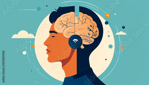 Head in profile, a stylized brain overlaid with a minimalist design. Teal background with shapes