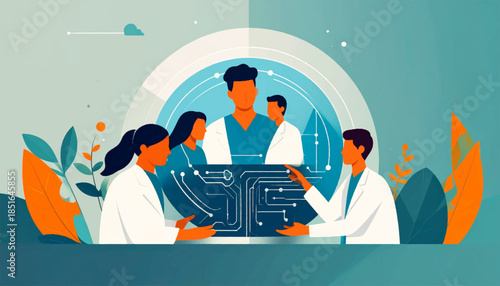 Healthcare professionals examine a complex electronic circuit board, set in a stylized, modern botanical backdrop
