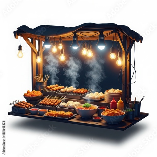 Vibrant street food stall illuminated by warm lights white background