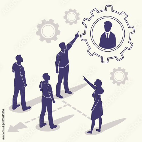People pointing at a gear with a person icon symbolizing human resources and management.