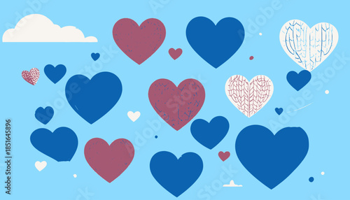 Hearts afloat in light blue sky, some with patterns, cloud in distance, romantic and whimsical design