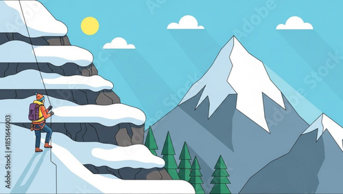 Climber on Snowy Mountain Cliff during Sunny Day