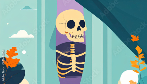 Stylized cartoon skeleton with autumn leaves and teal/blue background, modern art design and pastel color palette
