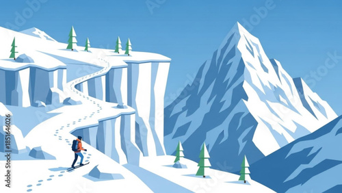 Hiker Walking on Snowy Cliff Edge with Mountains in the Background