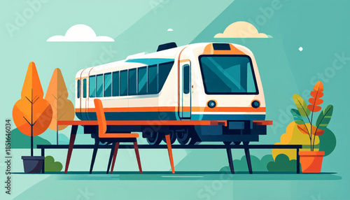 Stylized cartoon train sits atop a table, surrounded by potted plants, under a pastel blue sky