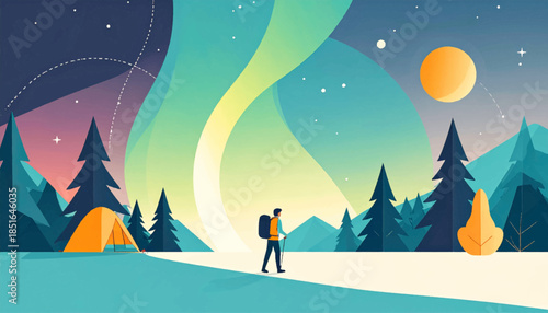 Hiker under aurora borealis next to tent in a pine forest, night sky and full moon