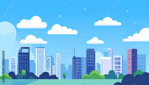 Stylized cartoon skyline with trees, clouds and soft blue sky