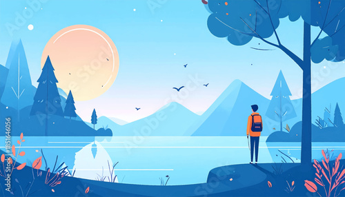 Hiker views serene blue landscape of mountains, lake and trees with a big sunset