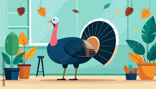 Stylized cartoon turkey stands indoors, surrounded by potted plants and falling autumn leaves, with teal background