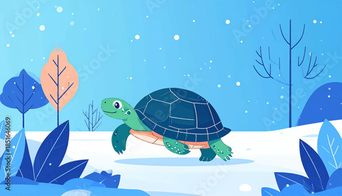 Stylized cartoon turtle paces a snow-covered landscape with blue foliage and trees, against a soft blue sky with snowflakes