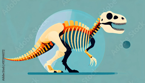 Illustration of a T-Rex skeleton in shades of blue, orange, cream, and black on a solid light-blue background