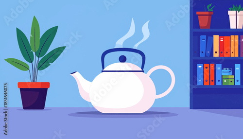 Illustration of a teapot steaming on a desk with plant and shelf background, in simple blocky modern style