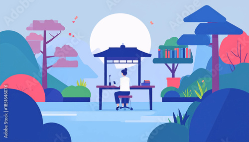 Person working at desk in an outdoors styled pavilion with pink and blue trees and mountains in background