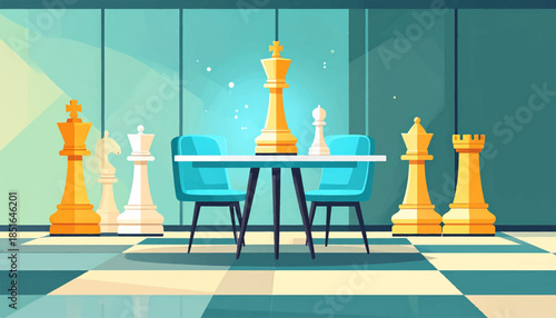 Stylized chess pieces arranged around a table and two chairs in a bright teal, white, and yellow room