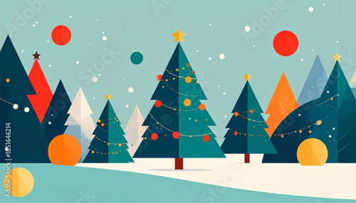 Stylized Christmas landscape of colorful trees, snow, and festive lights on a teal sky with warm-colored ornaments