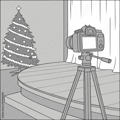 Professional camera set up for Christmas tree photoshoot in a studio.