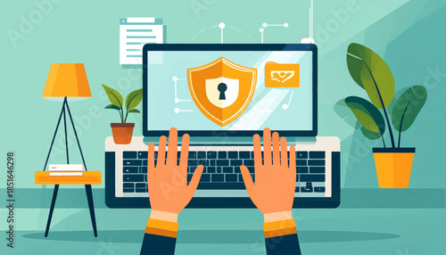 Person working from home on a laptop with a security shield icon displayed on screen in a stylized illustration