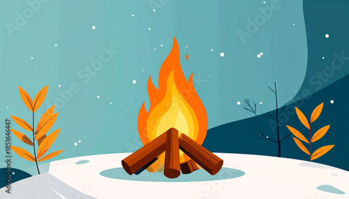 Illustration of a warm fire in a snowy, teal, stylized landscape with twigs and falling snow