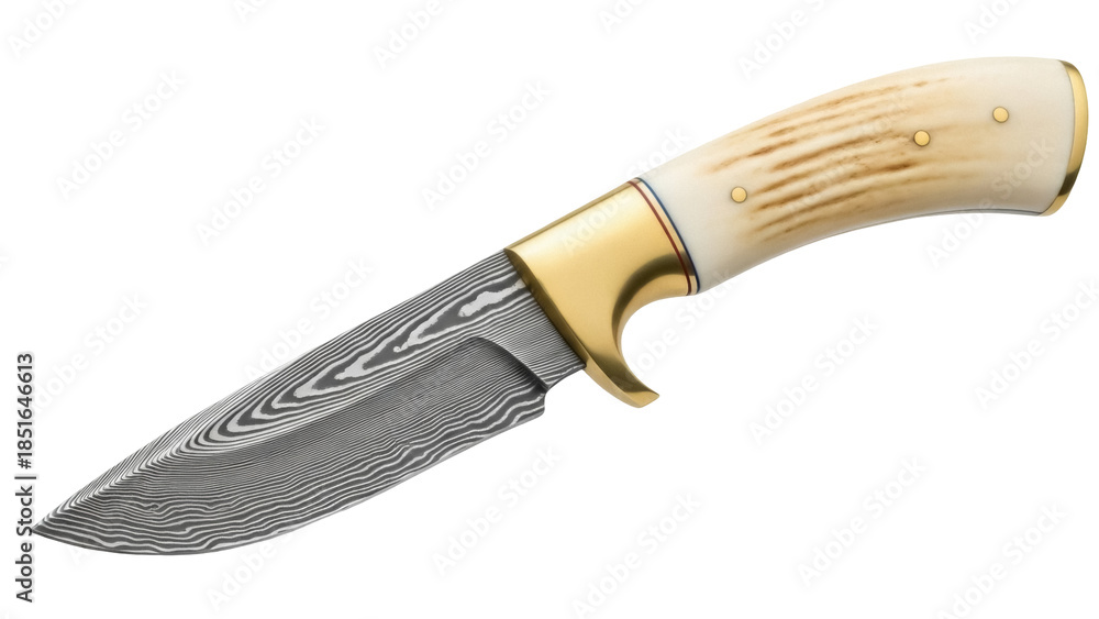 Obraz premium Damascus steel hunting knife isolated PNG, handcrafted blade with bone handle for outdoor adventures and survival gear on transparent background