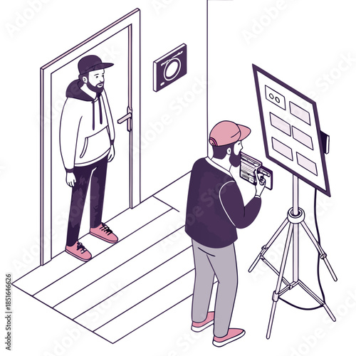 Two people filming a video with a camera and lighting equipment in a studio setting.