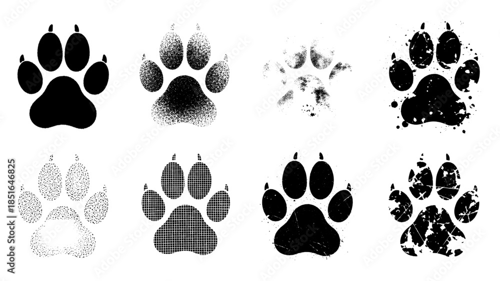 Fototapeta premium Collection of textured dog paw prints in different styles