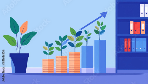 Plant growth atop increasing stacks/bars, accompanied by an upwards arrow and bookshelves