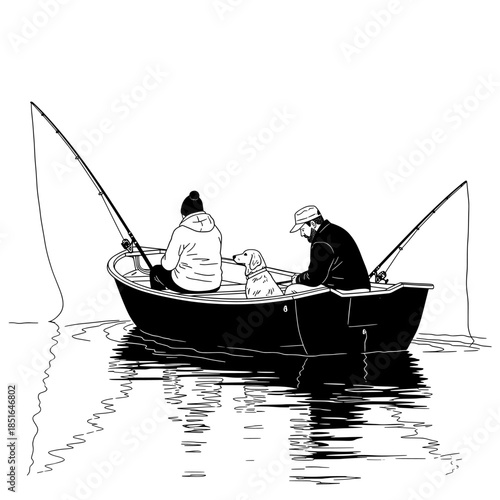 Two people and a dog fishing from a boat, illustration